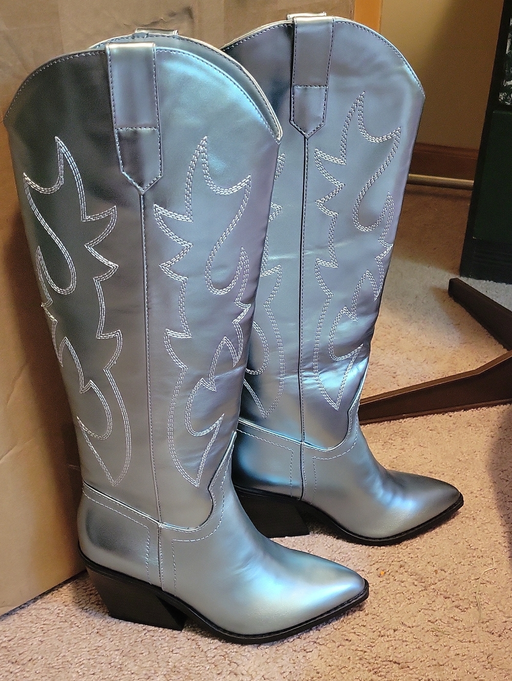 Metallic Blue Silver Western Knee-High Women's Boots